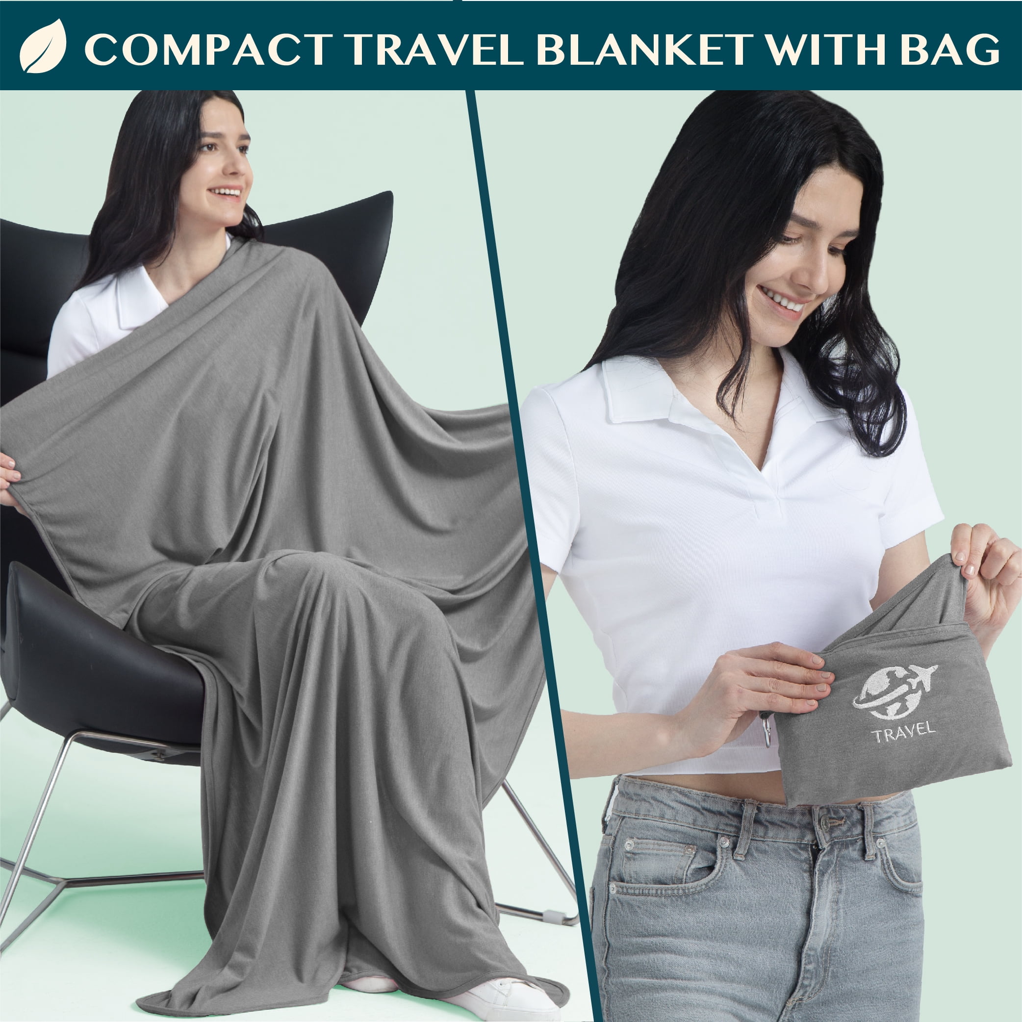 PAVILIA Soft Compact Travel Blanket and Pillow, Foldable Airplane Blanket in Bag, Lightweight Portable Flight Blanket Set with Luggage Strap, Camping Plane Car Home Office Gift Accessories, Gray