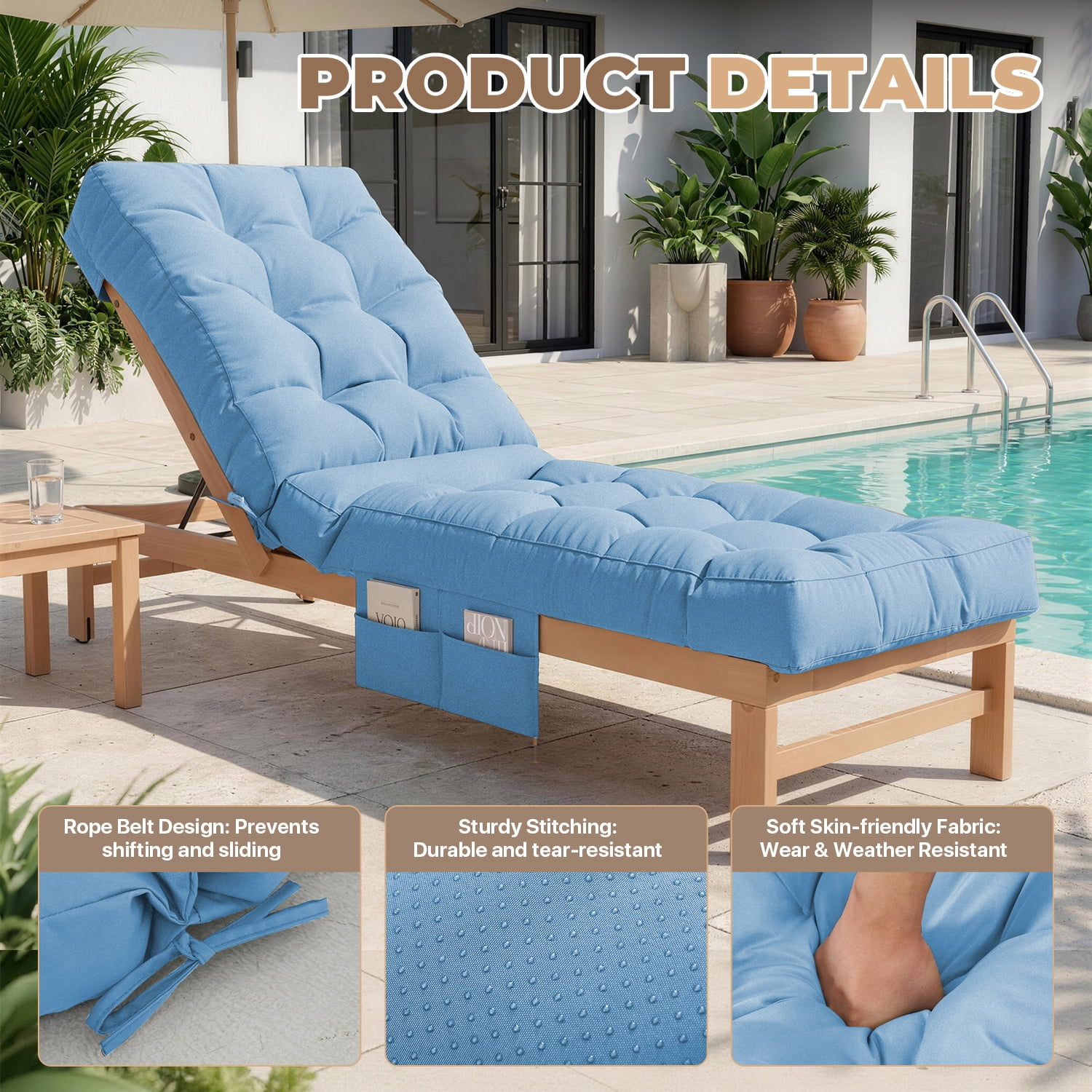 BaPiPro Sky Blue Outdoor Chaise Lounge Cushion with Side Pocket, Triple Non-Slip Fixation, All-Weather Durable & Soft Fabric, Thickened Padding, Ideal for Patio and Poolside Use