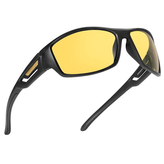 Men Wrap Around Sports Polarized Sunglasses Matte Black Frame Yellow Night Driving Lens Anti Glare Cycling Fishing UV400 Shades