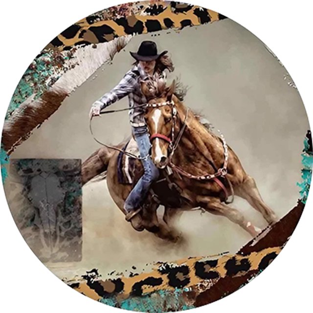 Pintura Hierro Redonda para Niña Galopando A Caballo Placa Metal Vintage 30x30cm