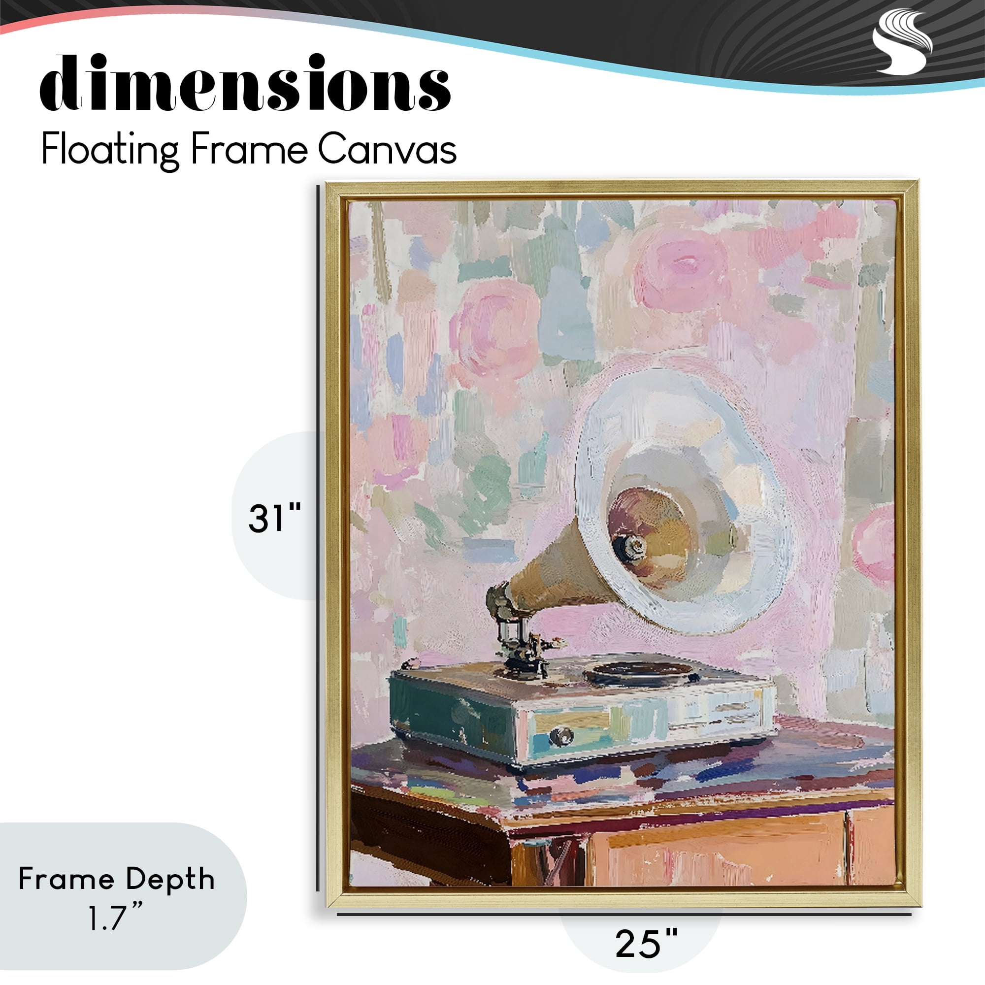 Stupell Industries Vintage Gramophone in Soft Pastels Gold Framed Floater Canvas Wall Art, design by The Prints Vibe