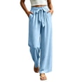 thumbnail image 6 of Women's High Waist Paperbag Bow Wide Leg Pants, Drawstring Flowy Pocket Polyester Trousers, Soft Airy Casual Bottoms for Vacation Social Gatherings Daily | TruHer,Light Blue L, 6 of 9