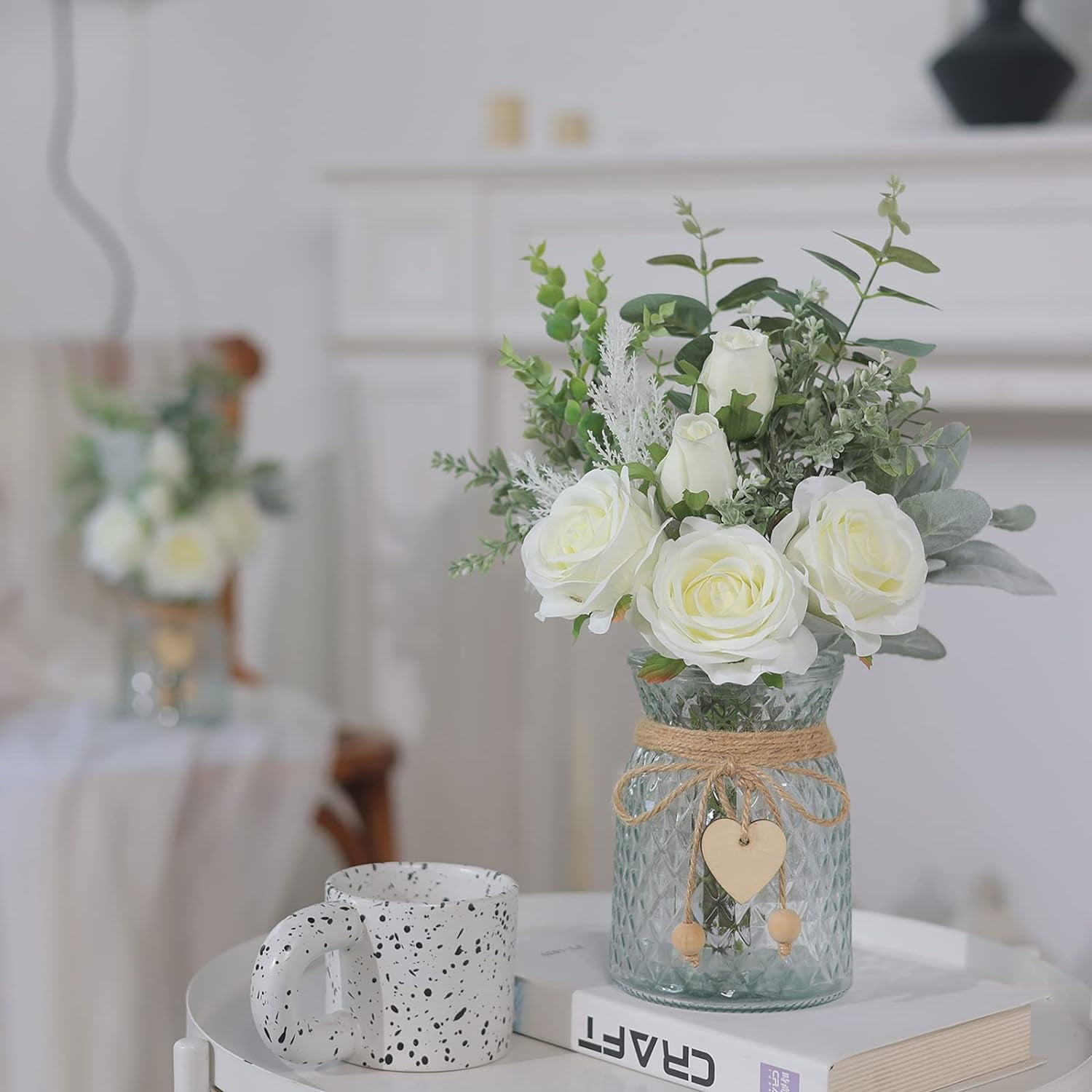 MY Faux Flowers with Vase,Artificial Silk Roses in Vase, Fake Plant Eucalyptus Flower Arrangement for Home Office Farmhouse Bathroom Dining Table Centerpiece Decorations Coffee Table Decor (White)
