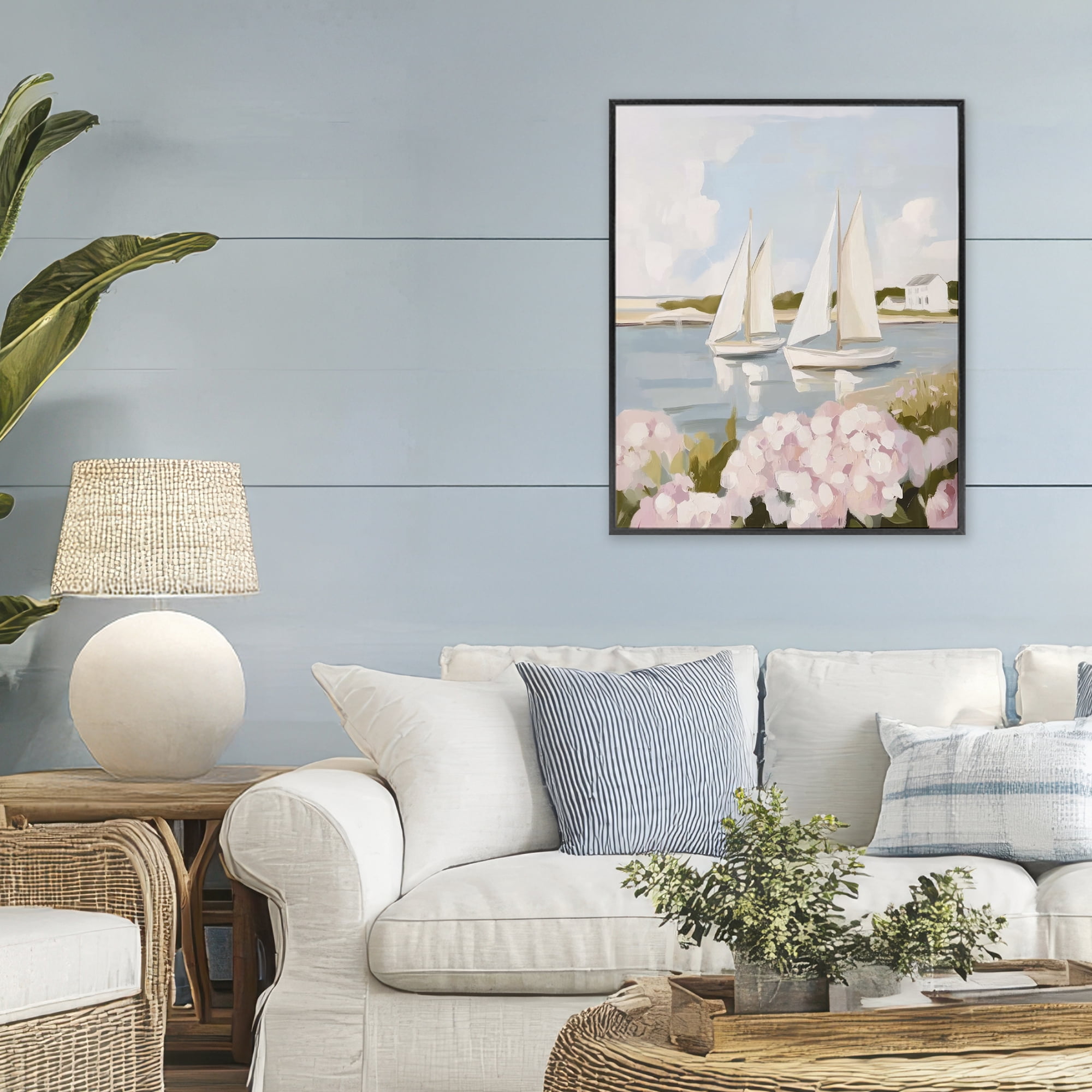 Stupell Industries Sailboat Duo with Pink Hydrangeas Black Framed Giclee Art, design by Sisi and Seb