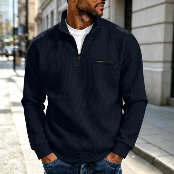 Men's Pocket Pullover 1/4 Zip Stand Collar Long Sleeve Sweatshirts Navy L