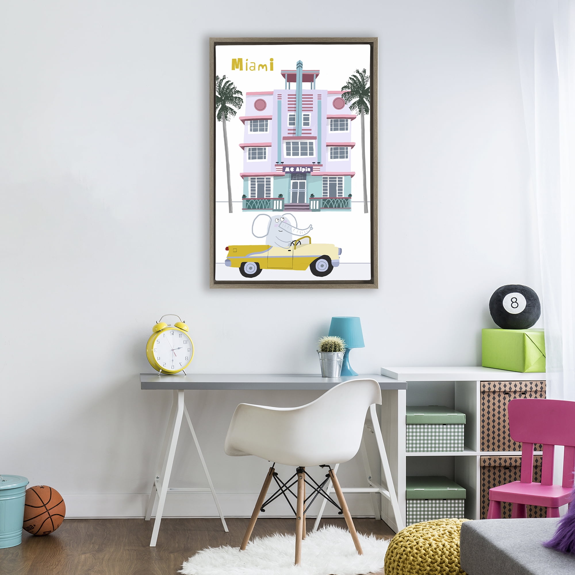 Elephant & Miami Hotel Brown Framed Floater Canvas Wall Art, design by Carla Daly