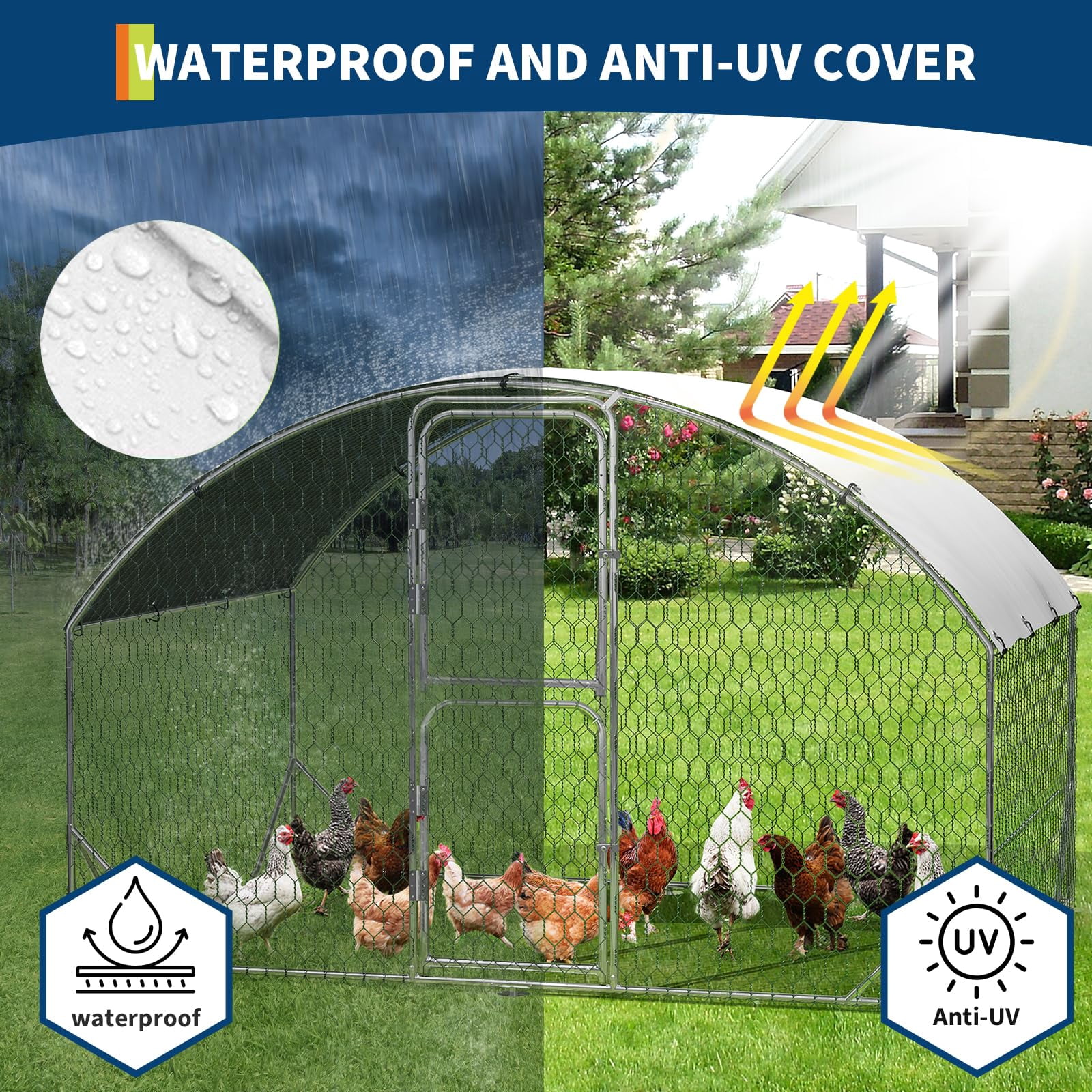 QinaQin 9.8 x 6.6 x 6.6 FT Large Chicken Coop,Dome Roof Metal Chicken Run for Yard,Poultry Cage with Double Doors,Waterproof & UV Resistant Cover,Silver