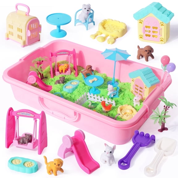 Billeeit 2.2lbs Green Magic Pet Sensory Sand Kit for Kids 3 , Dog & Cat Play Sand Kit Moldable Pet Sensory Bin Sandbox, 28pcs Accessories