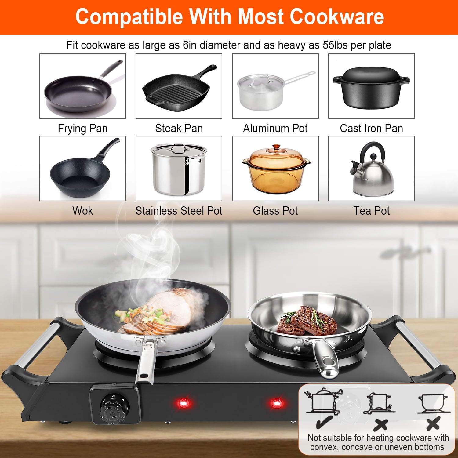 2000W Dual Burner Electric Hot Plate 21.26in 5Temperature Levels 392-932F 110V Black Quick Iron Portable Countertop Stove Coil Heating Flat Cookware Compatible Dorms RVs Apartment Easy Clean Cooking