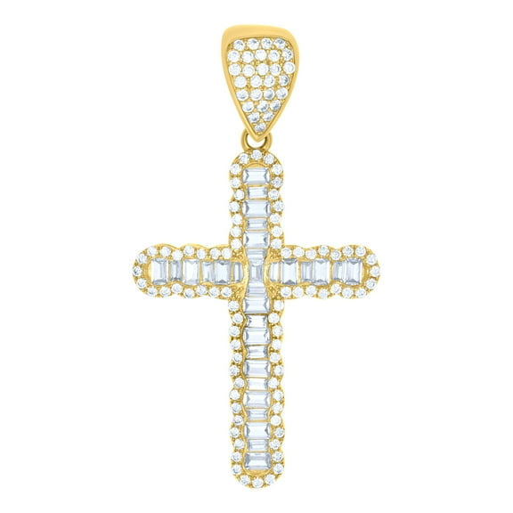 10kt Yellow Gold Mens Baguette Round Cubic-Zirconia Cross Religious Charm Pendant
