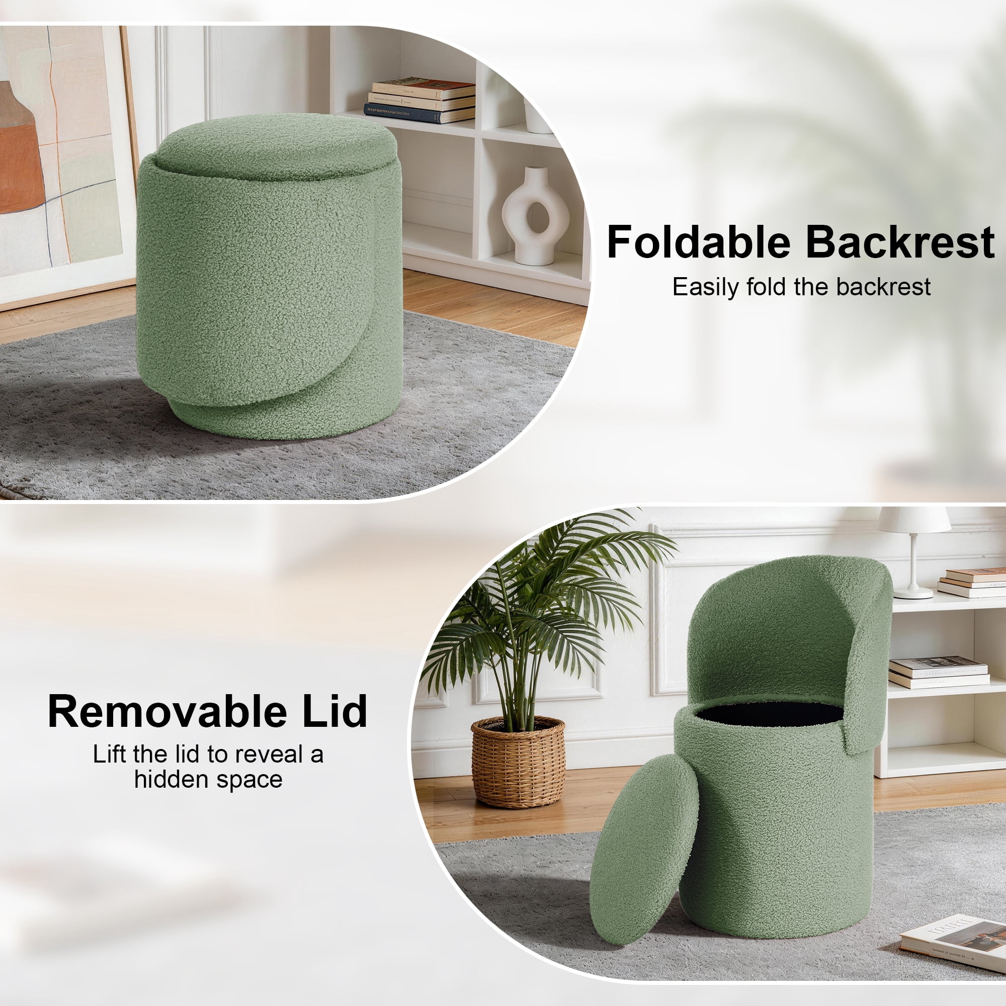 GEEYOO Modern Round Vanity Storage Stool,Sherpa Upholstered Ottoman with Foldable Backrest and Removable Lid,Comfy Makeup Stool for Bedroom Living Room,Green