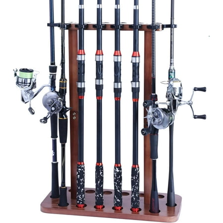 Fishing Rod Storage Racks 100% Wood Floor Stand Fishing Pole Holders for Garage of 14 Rods or Combos