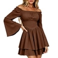 thumbnail image 2 of BRGZLK Renaissance Costume Bell Sleeve Dress Women Vintage Square Neck Off Shoulder Asymmetrical Hem Corset Dress Goth Halloween Medieval Party Dress for Witch Cosplay Coffee L, 2 of 9