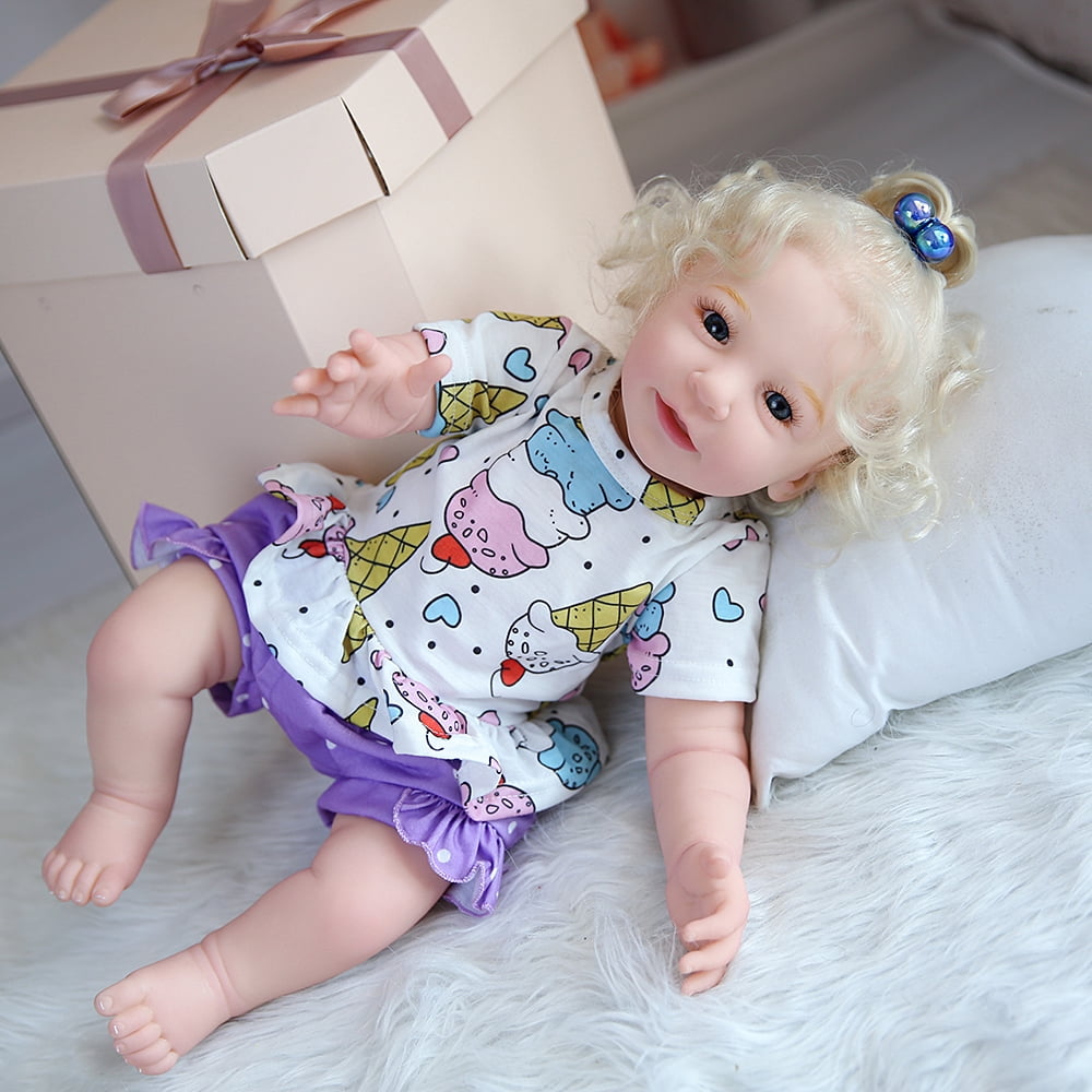 Reborn Baby Dolls 22'' Blond White Skin Soft Body Silicone Limbs Smiling Baby Dolls Christmas Birthday Gift Set for Toddlers