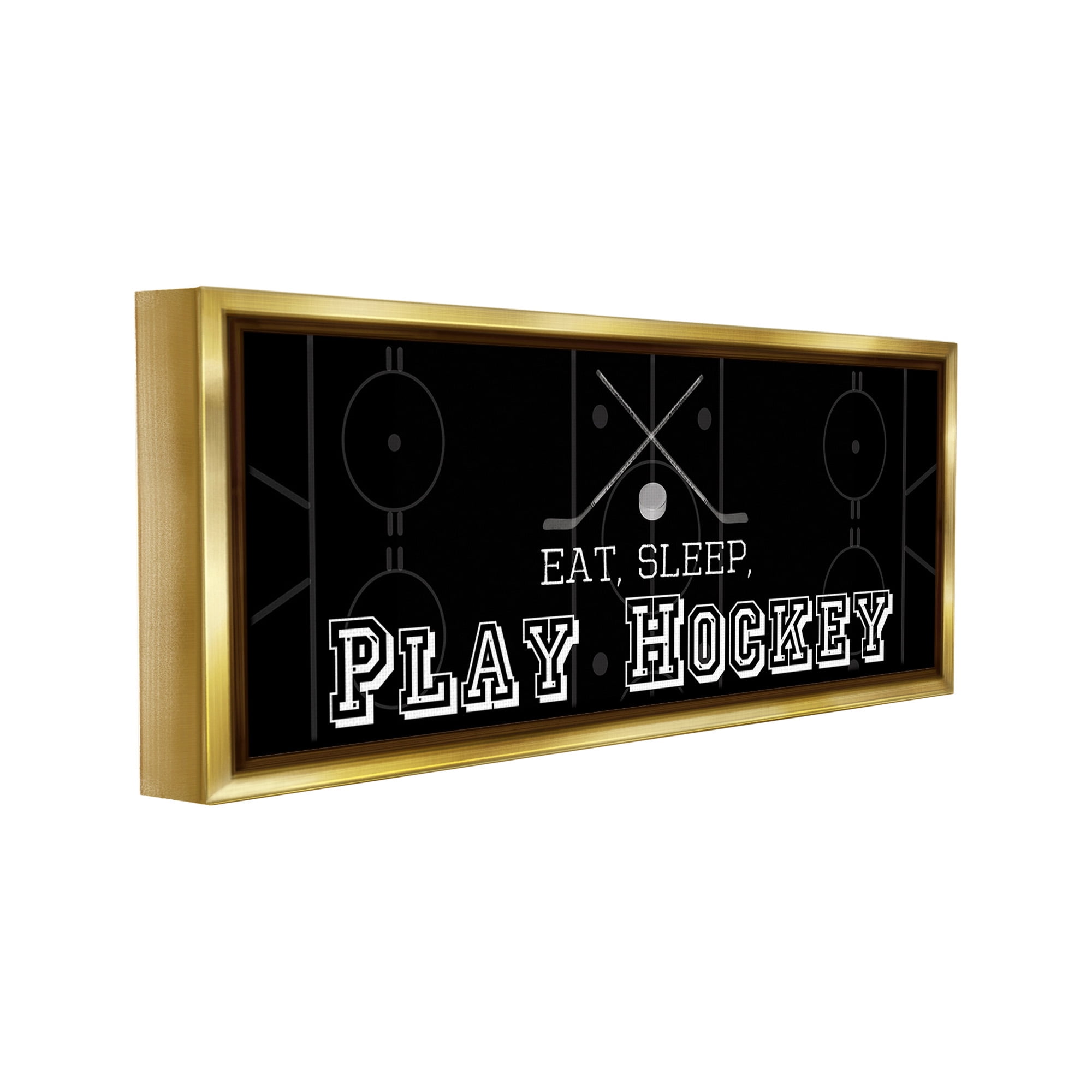 Stupell Industries Eat Sleep Hockey Phrase Sports Painting Gold Floater Framed Canvas Art Print Wall Art, 31 x 14
