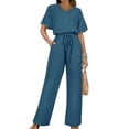 thumbnail image 3 of Womens V Neck Two Piece Set Short Sleeve Top and Casual Long Pants Fashion Slimming Outfit Blue XL, 3 of 7