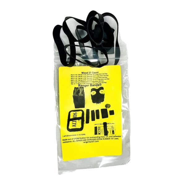 Ranger Bands® Big Mix 27-pack Made from Black EPDM Rubber for Camping and Strapping Gear Made in USA