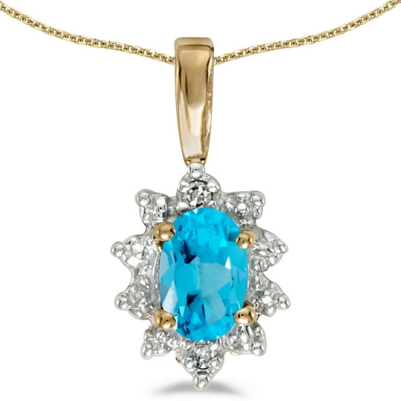 10k Yellow Gold Oval Blue Topaz And Diamond Pendant with 16" Chain