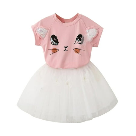 

Toddler Kids Baby Girls Dress Little Girl Cute Cat Short Sleeve T Shirt Tops Skirt 2pcs Casual Floral Prom Dresses Set Teens Clothes for Girls Fall