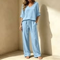 thumbnail image 6 of Zynoxe Linen Sets for Women Two Piece Summer Ruched V-neck Top Wide Leg Pants with Pockets Fashion Lounge Vacation Beach OutfitsLight BlueXL, 6 of 7