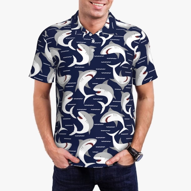 Fotbe Angry Shark Camiseta Polo de Golf para Hombre con Estampado – Camisa Deportiva Transpirable con Cuello Abotonado-Medium
