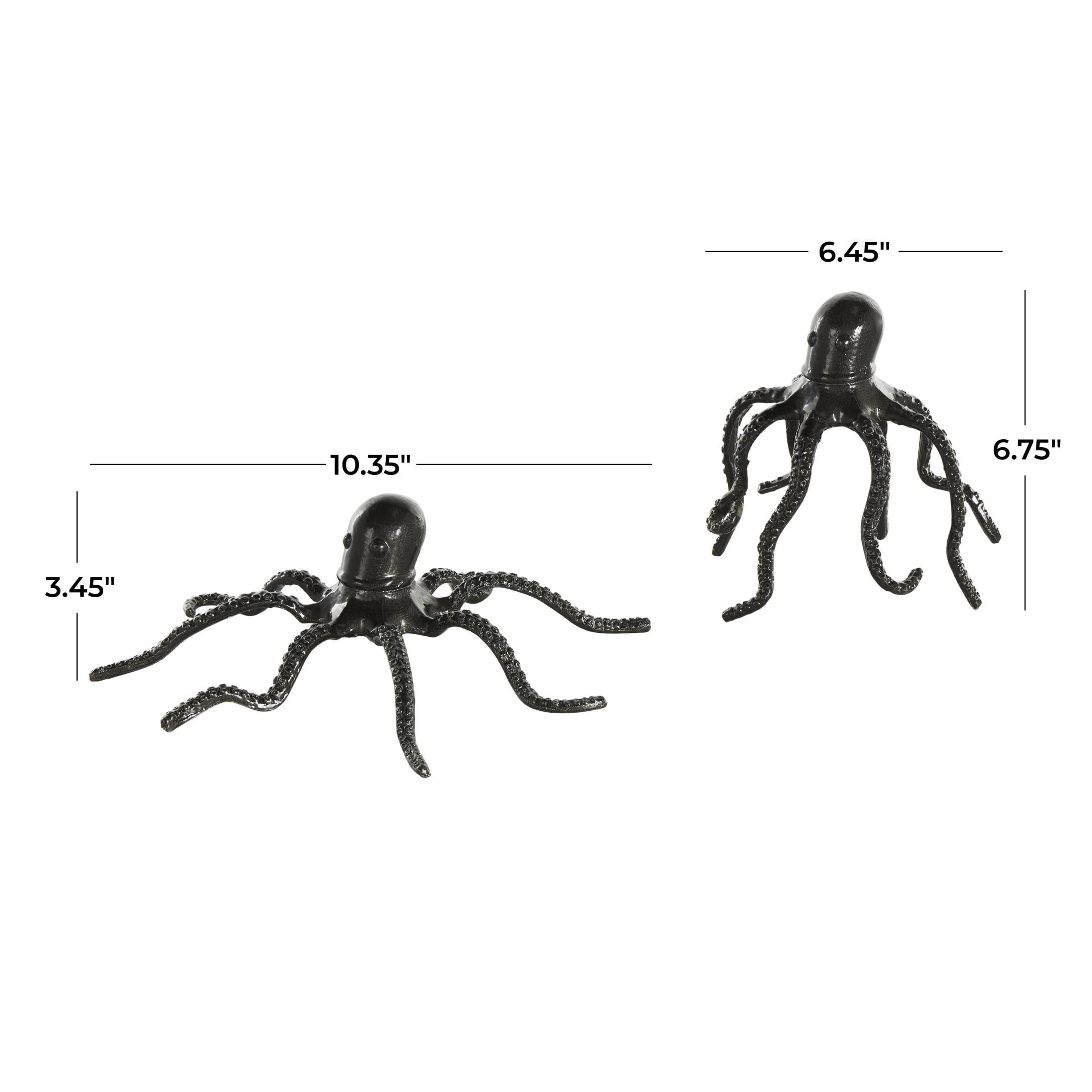7", 3"H Black Aluminum Metal Octopus Sculpture with Textured Tentacles, by DecMode (2 Count)