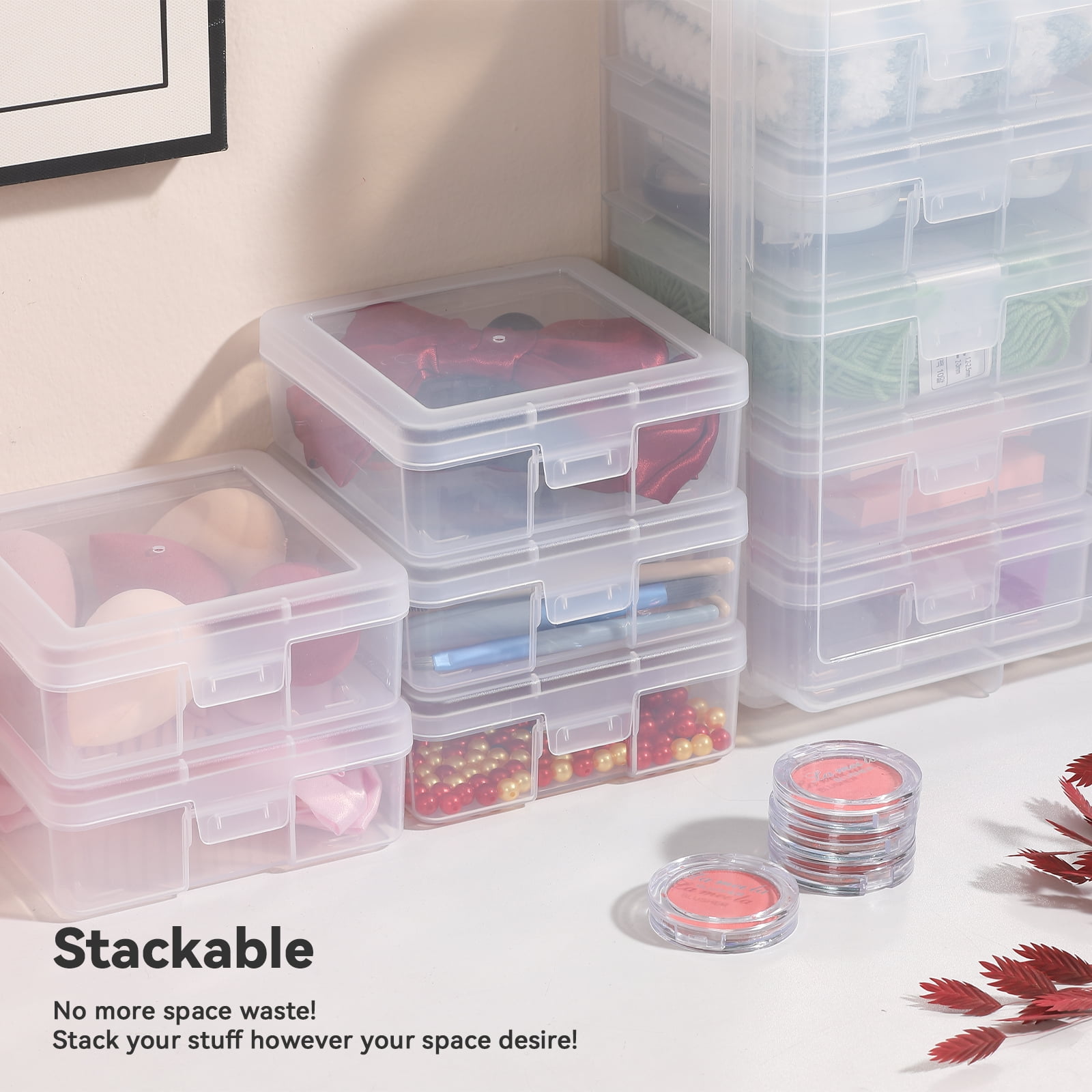 Novelinks Stackable Plastic Storage Box 18 Inner Clear Hobby Art Craft Organizer Rectangle Containers for Pencil Crayon Beads Jewelry, Small