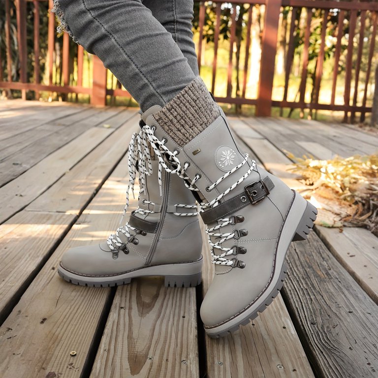 Women's Winter Warm Mid-Calf Snow Boots Lace-up Gothic Side Zipper