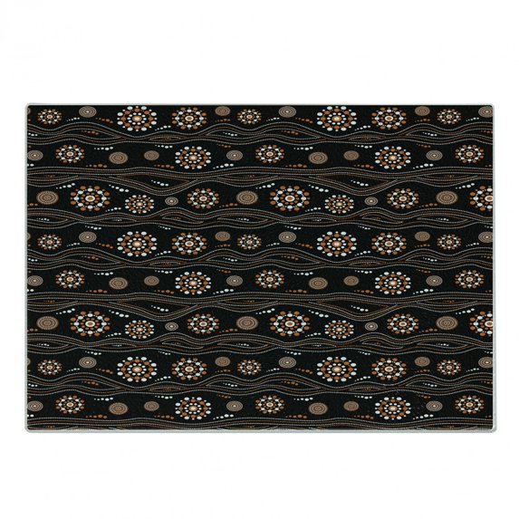 Aboriginal Cutting Board, Abstract Round Motifs with Dots and Waves on Dark Backdrop, Decorative Tempered Glass Cutting and Serving Board, in 3 Sizes, by Ambesonne
