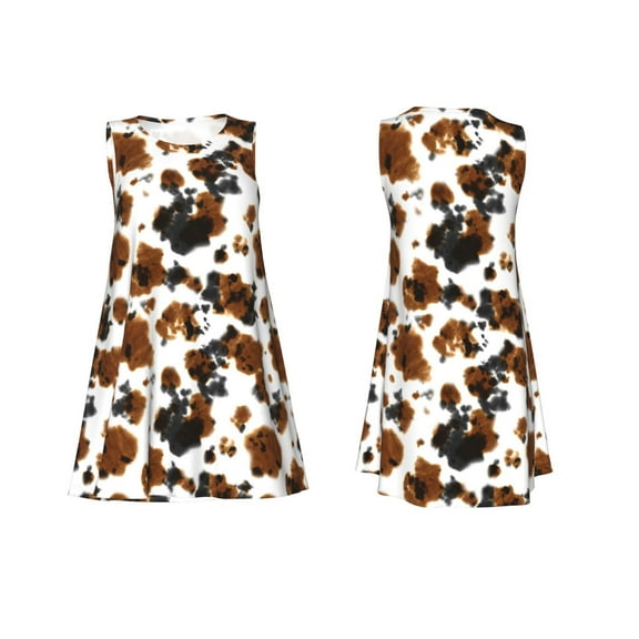Horeoi Cow Tie Dye Print Women's Sleeveless Dress Cotton-like Flared Hem Deep Side Pockets Above-Knee