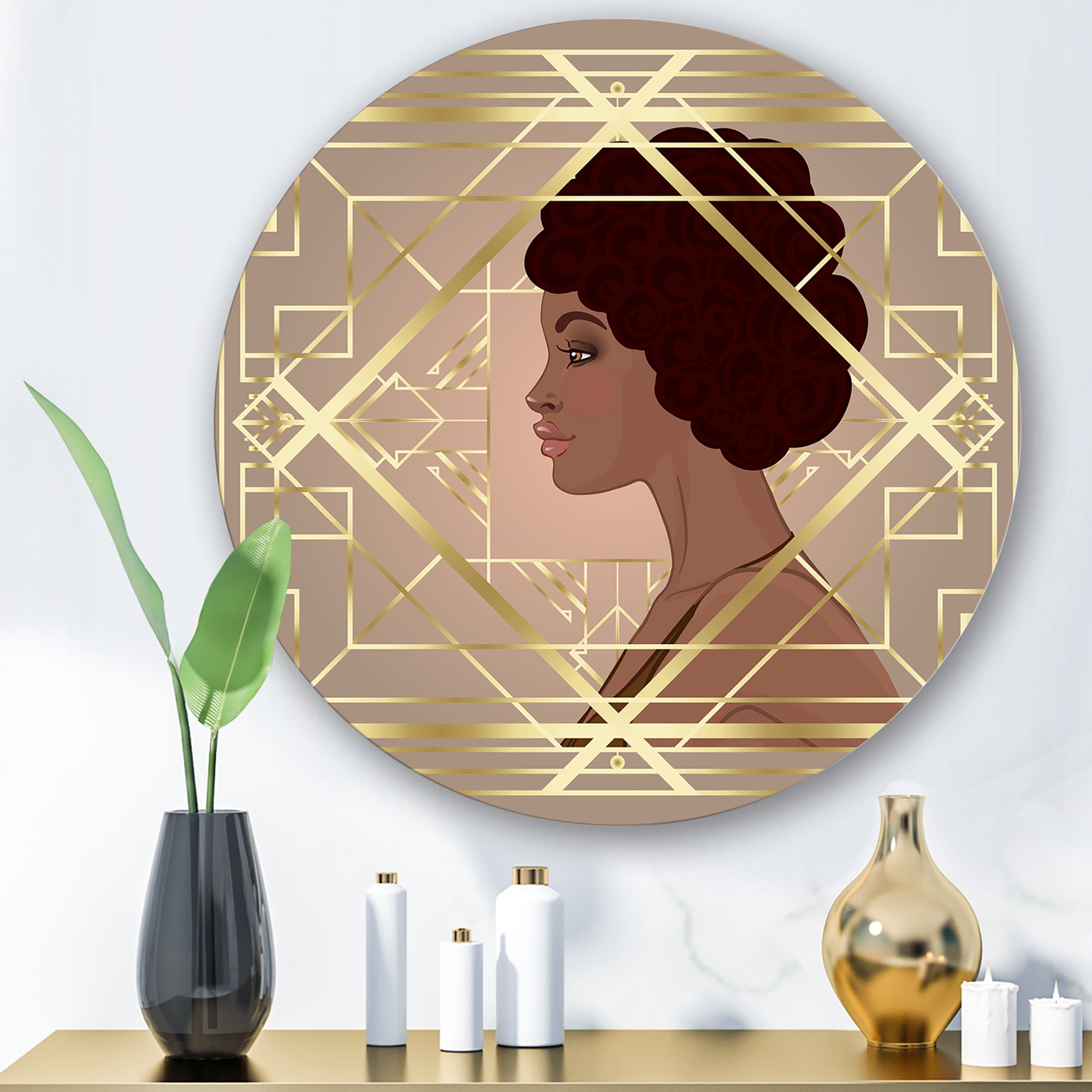 Designart 'Retro Girl In Golden Art Deco Geometrics II' Modern Circle Metal Wall Art 11x11 - Disc of 11