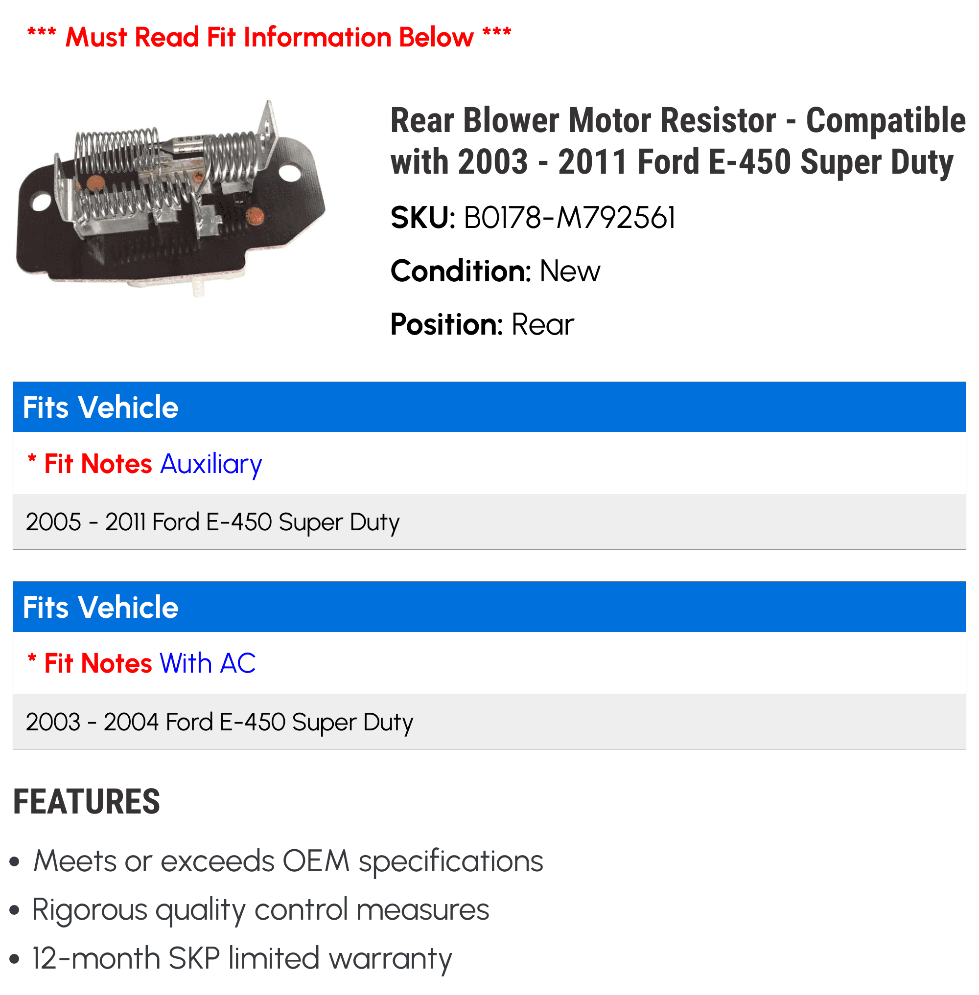 Rear Blower Motor Resistor - Compatible with 2003 - 2011 Ford E-450 Super Duty 2004 2005 2006 2007 2008 2009 2010