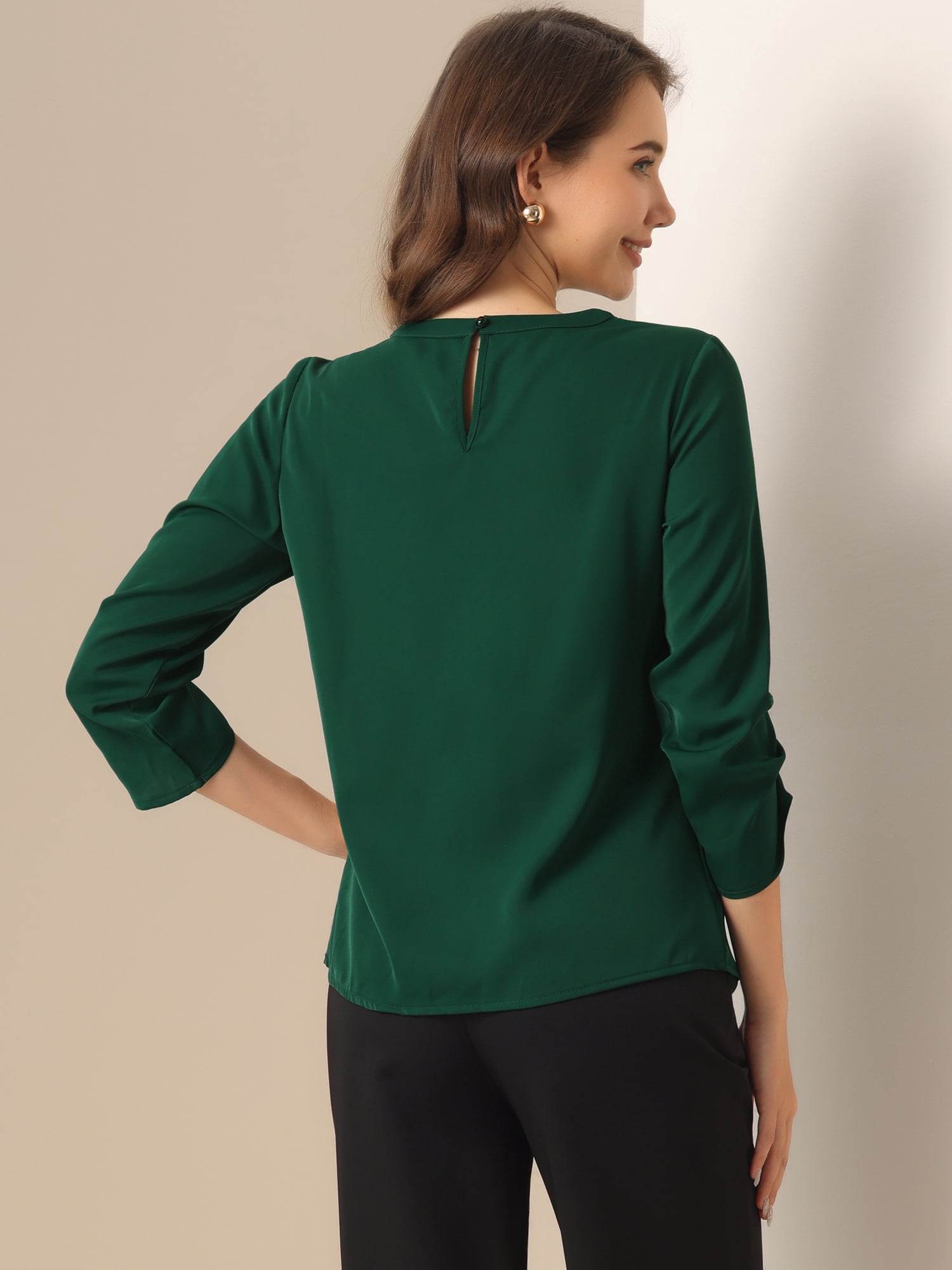 DARING DIVA Round Neck Keyhole Pleated Shirred Work Top M Dark Green