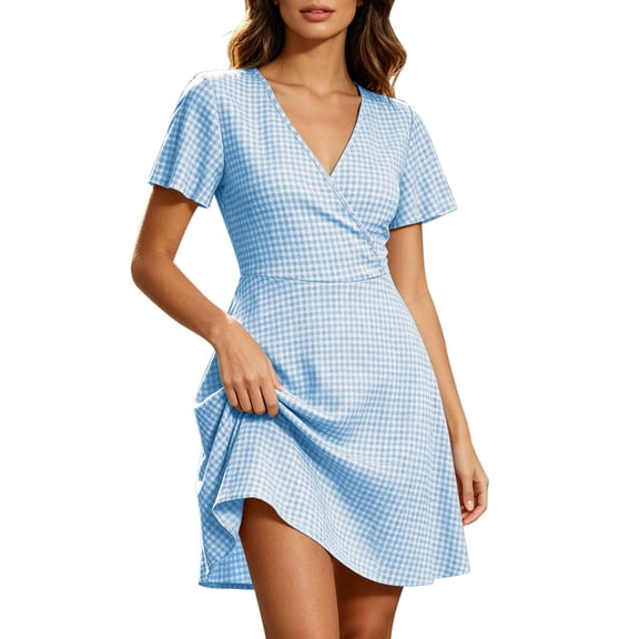Vivianyo HD Women's Wrap V Neck Gingham Dresses, Short Sleeve Slim Casual Mini Sundresses for Women, Women's Blue, Sizes S-3XL