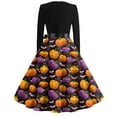 thumbnail image 3 of WTOBBY Women's Elegant V-Neck Slim Fit Halloween Printed Dress with Long Sleeves, Retro Design, and Casual Look for Party Wear and Festive Events ,Purple XL, 3 of 5