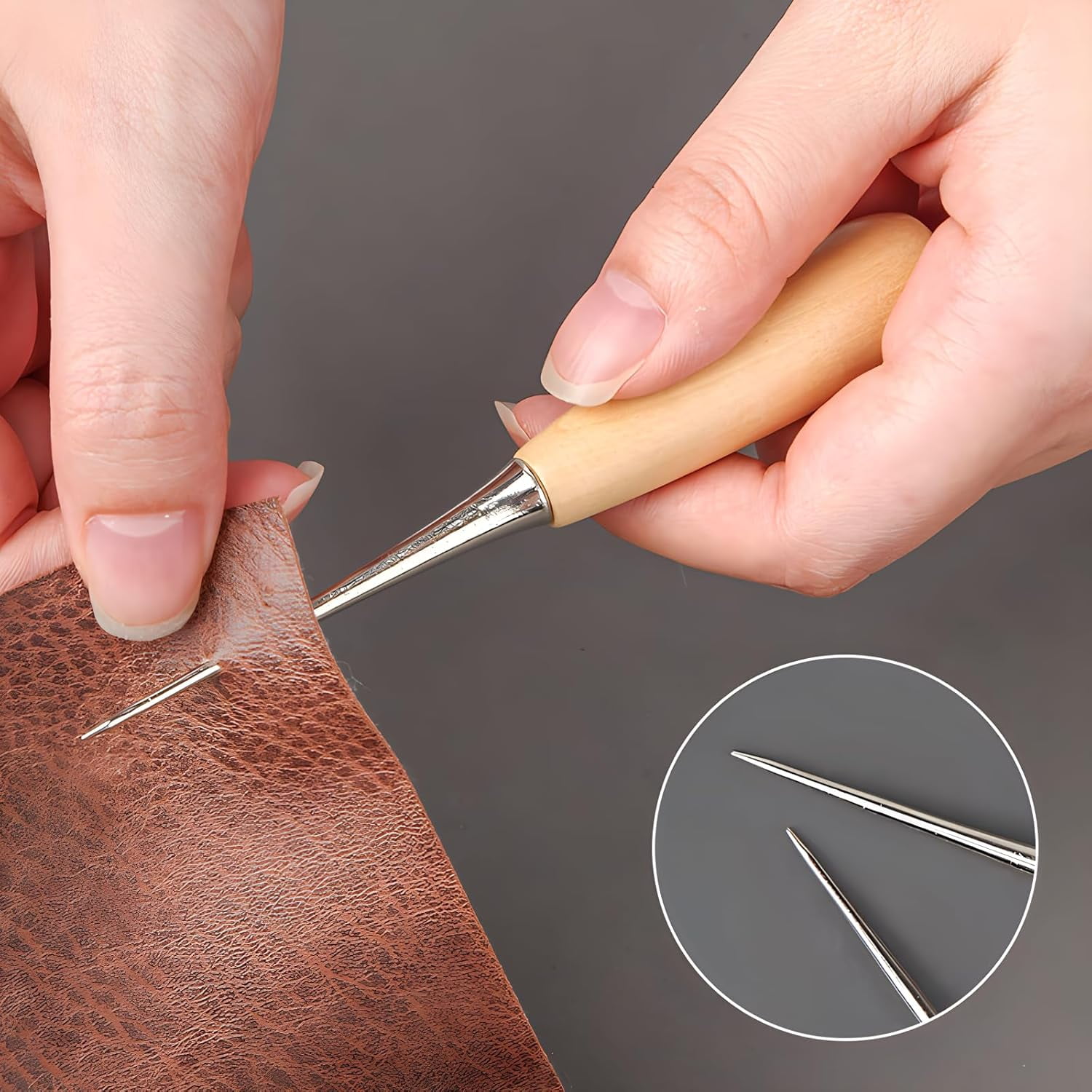 ABPETE 20-Pack Leather Stitching Awls,Stainless Steel Needles with Wooden Handle,Heavy-Duty Repair Tool for Shoes, Bags & Canvas