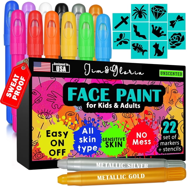 Kit de pintura facial Jim&Gloria a base de agua con plantillas de 12 colores