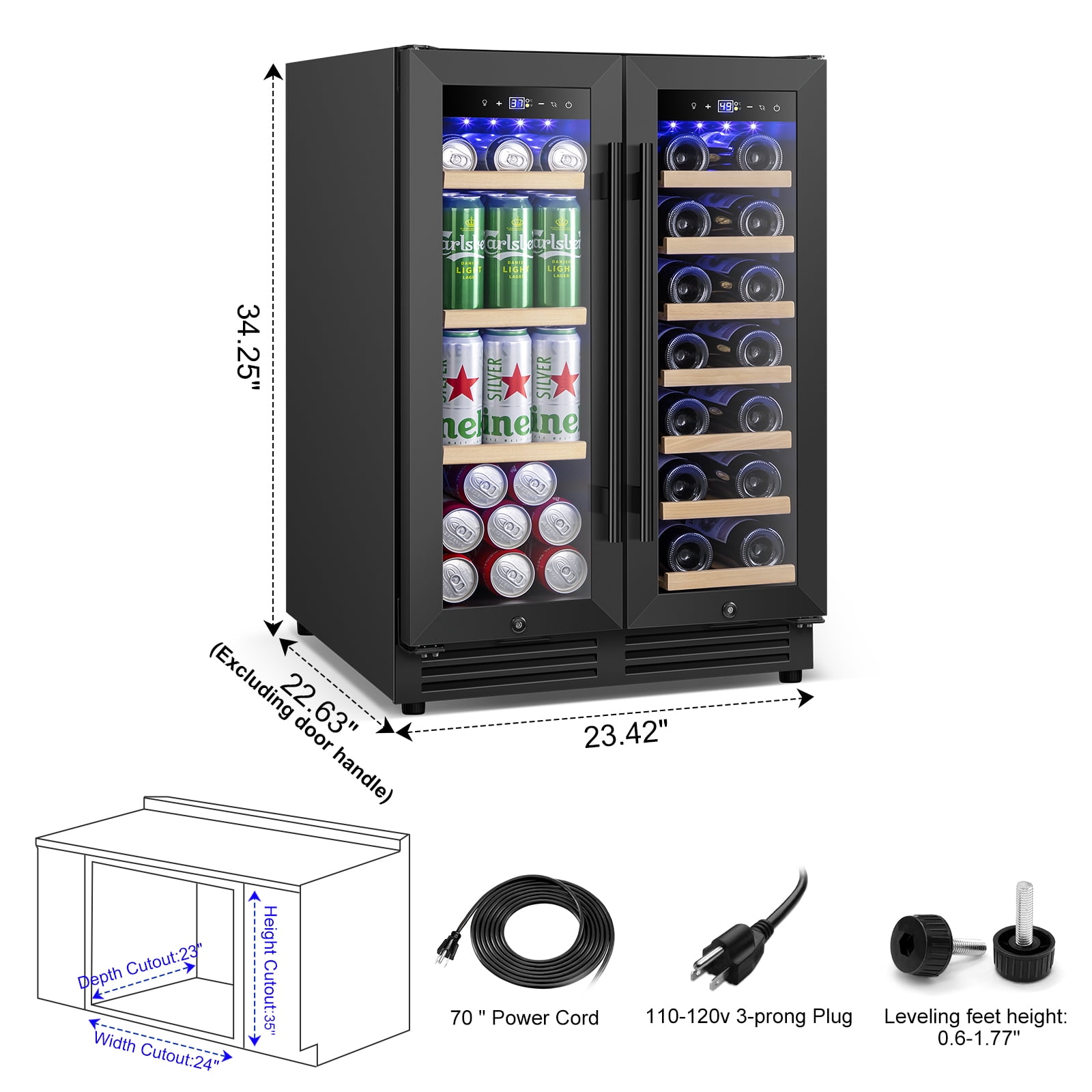 Nipus 24 inch Wine and Beverage Refrigerator,Dual Zone,Built-in Undercounter, 21 Bottles and 60 Cans,Black
