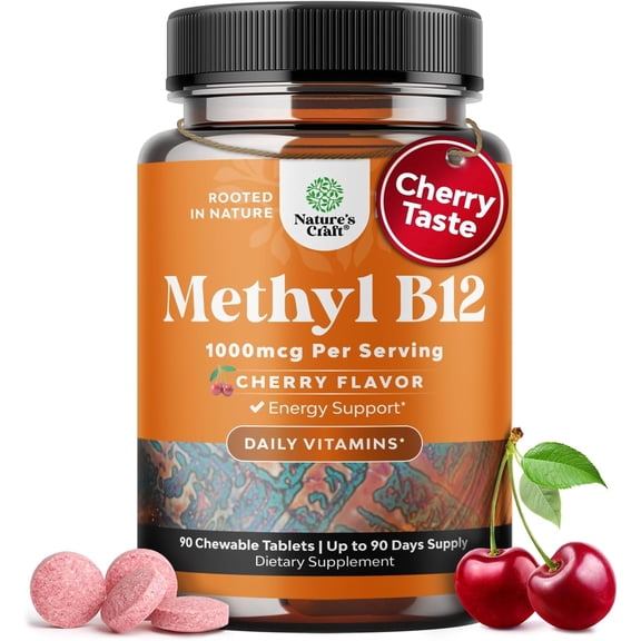 Chewable Vitamin B12 1000 mcg per Serving - Methylated B12 Vegan Vitamin for Brain Support Natural Energy - Bone Health Eye Care and Mood Boost with Hair Skin and Nails Vitamins