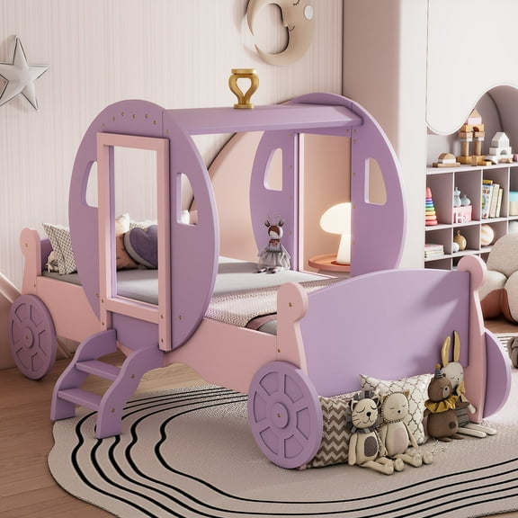Harper & Bright Designs Twin Size Princess Bed for Girls, Wood Princess Carriage Bed with Crown, Twin Car Camping Platform Bed Frames with Stair, Purple Pink