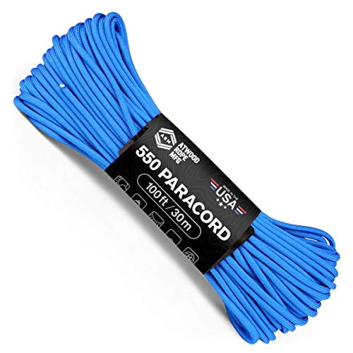 Atwood Rope MFG 550 Paracord 100 Feet 7-Strand Core Nylon Parachute Cord Outside Survival Gear Made in USA | Lanyards, Bracelets, Handle Wraps, Keychain (Blue)