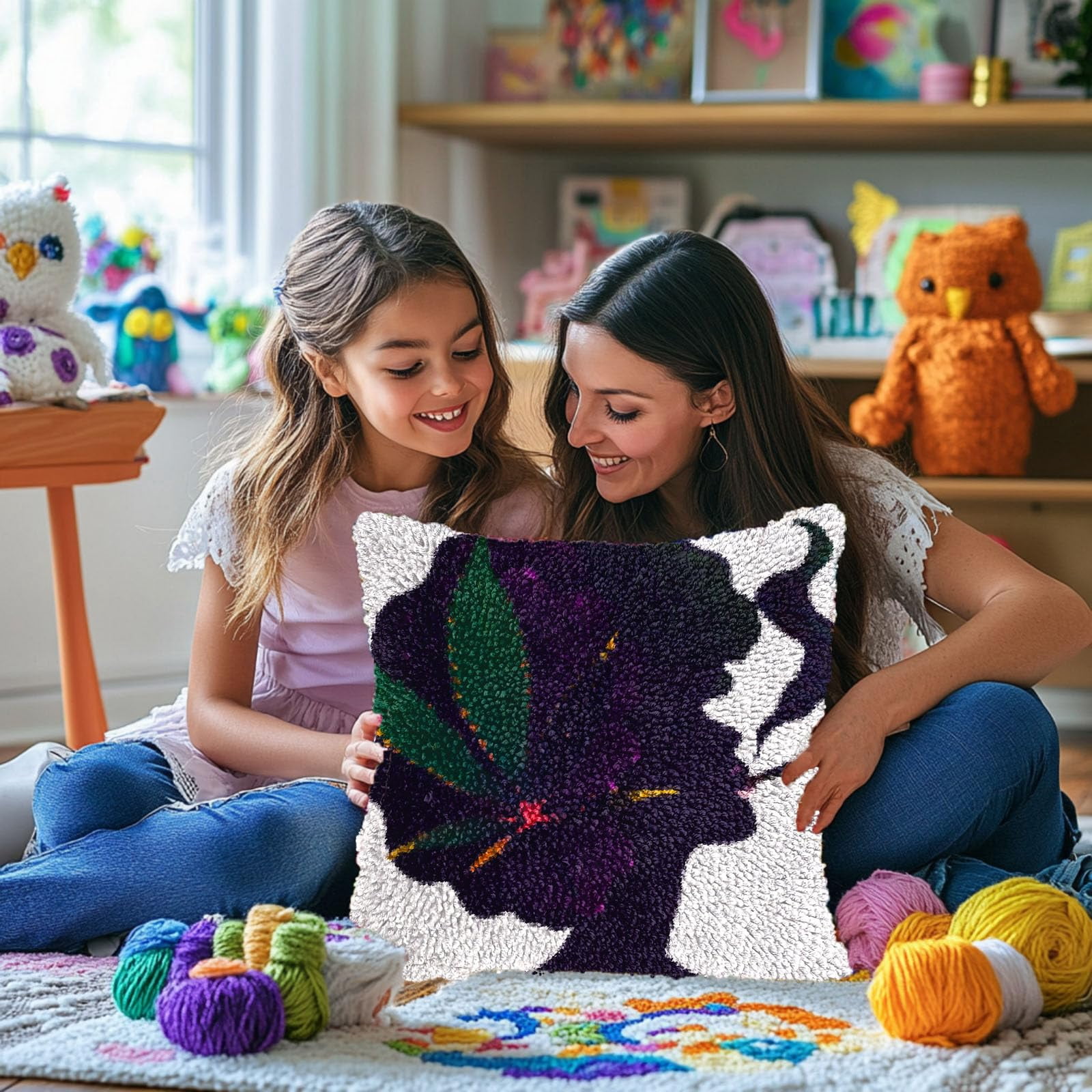 Abstract African Woman DIY Latch Hook Pillow Kits for Adults Printed Pillowcase Crochet Yarns Hooking Handmade Pillow Cover Cushion for Home Sofa Decoration 17x17inch