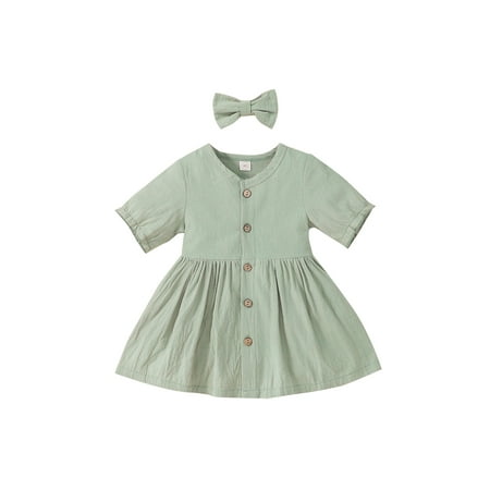 

Suanret Children Girls Summer Dress Toddlers Infants Solid Color Button Closure Short Sleeve Causal Skirt with Bow Hairpin Green 3-4 Years