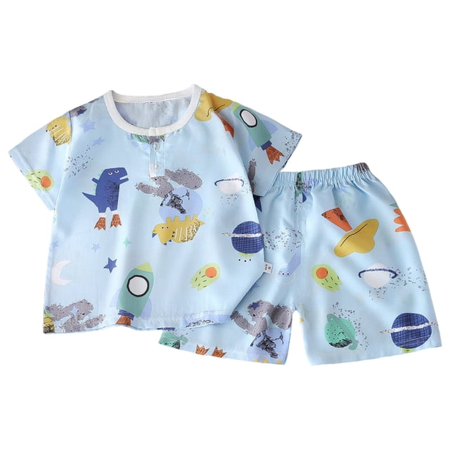 Ulanda Ensemble de Pyjama 2 Pcs Pjs Coton Tenue de Nuit d'Été Manches Courtes Haut avec Bas (Bleu Ciel, 3-4 Ans)
