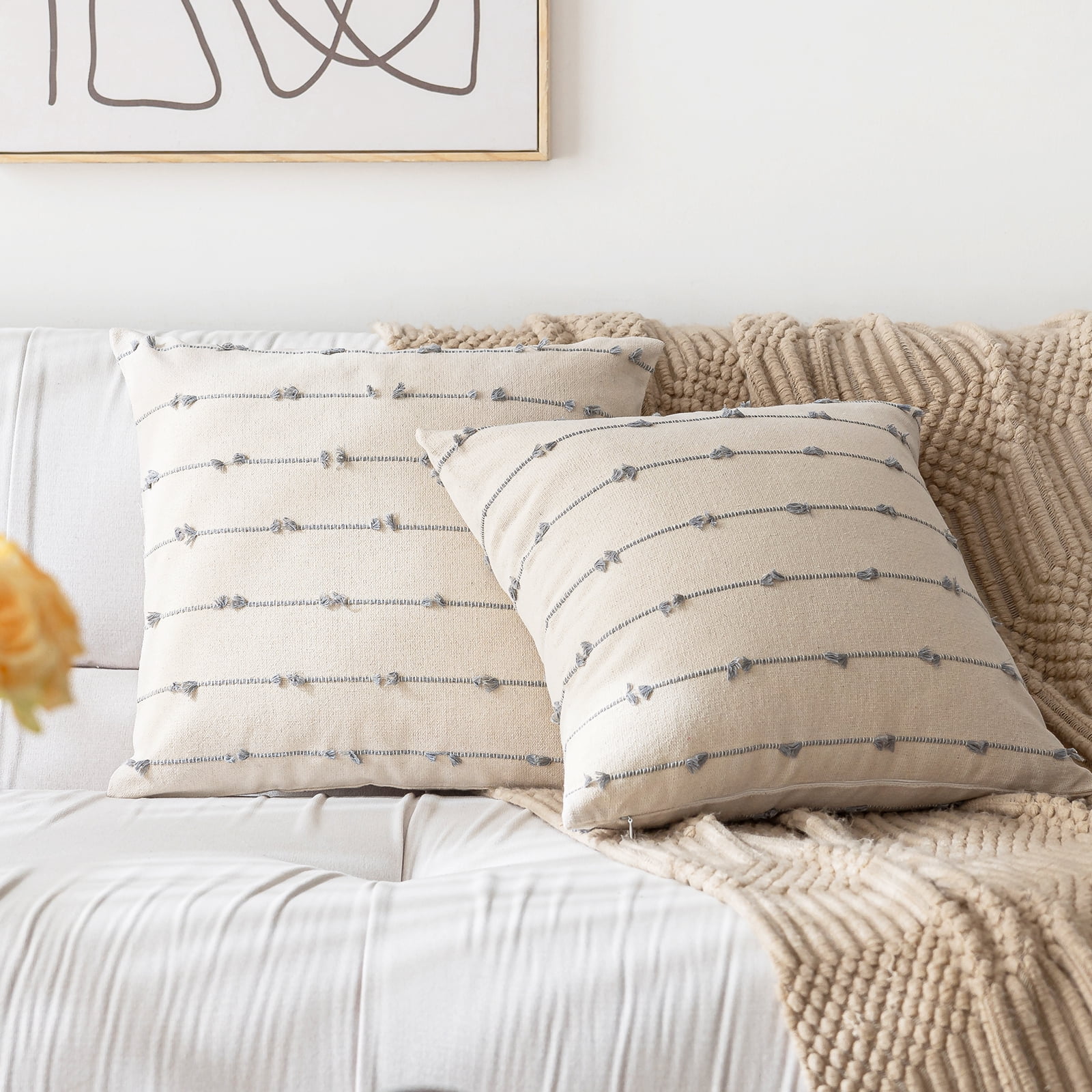 Skodaer Boho Throw Pillow Covers 18"x18" Set of 2 Modern Farmhouse Decorative Cushion Case Tufted Square Pillows Cover Neutral Pillow Cases Accent Pillowcase for Sofa, Couch, Bed,Grey