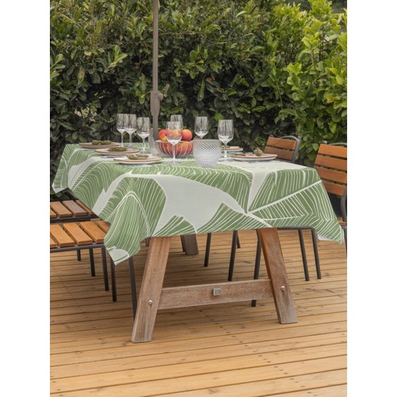 Outdoor Table Cloth with Umbrella Hole and Zipper, Green Palm Leaf Waterproof Rectangle Tablecloth 54"x80", Tropical Botanical Summer Washable Table Cover for Outside Party Patio Picnic