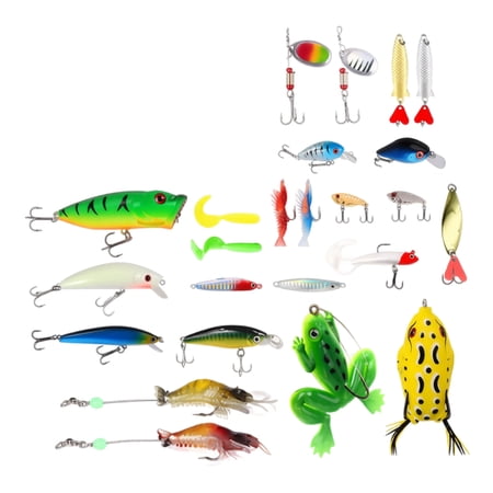 24 Piece 3D Fishing Tackle Box Set with Assorted Lures and Accessories for Outdoor Angling Including Frogs Minnows Crankbaits Spoons and Soft Baits for Freshwater and Saltwater Fishing