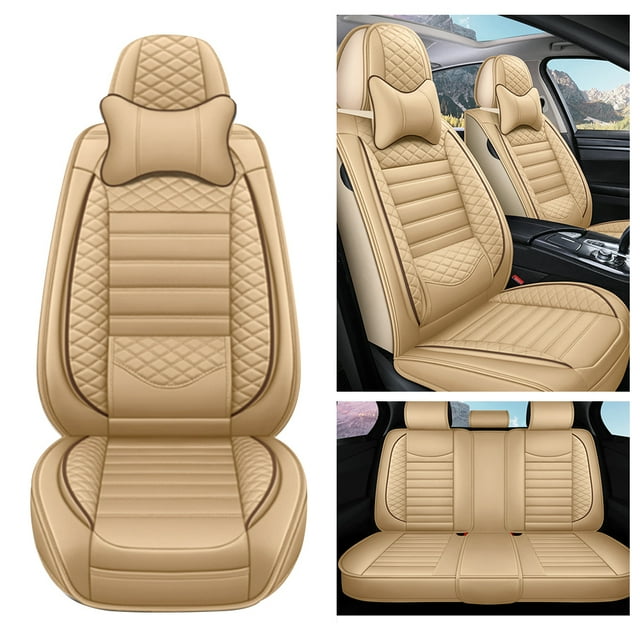 Maidao Car Seat Covers Leather Full Set for toyota for Matrix 2003-2008 5 Seats Front Rear Cushion Protector with Headrest Beige