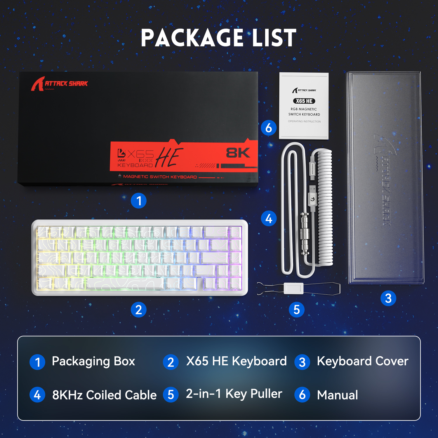 ATTACK SHARK X65 HE Rapid Trigger Keyboard, 0.01mm RT Accuracy, 8Khz 60% Wired Magnetic Switch Gaming Keyboard with 8Khz Coiled Cable, Adjustable Actuation, Snap Tap, for PC/Mac, White