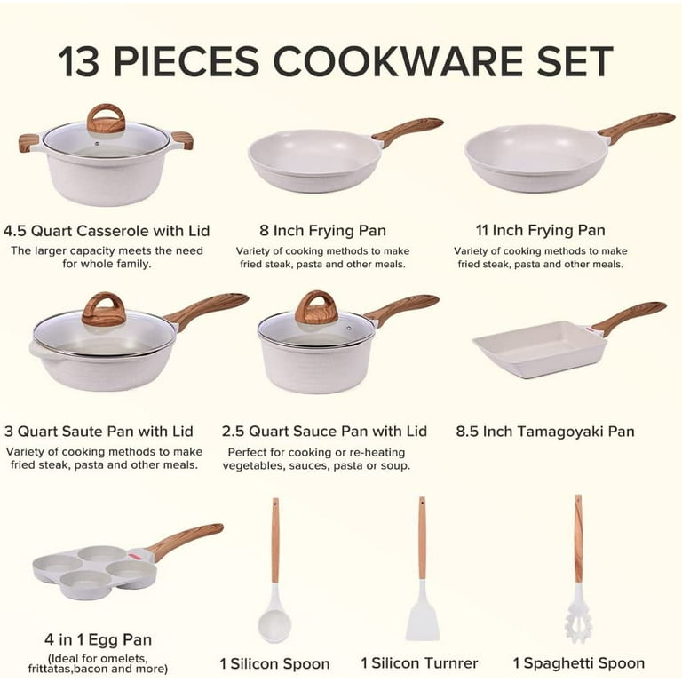 JEETEE Cooking Pots and Pans Set Nonstick White Granite Induction Cookware  Sets 12 Pieces w/Frying Pan, Saucepan, Sauté/ Egg Pan, PFOA Free (12pcs